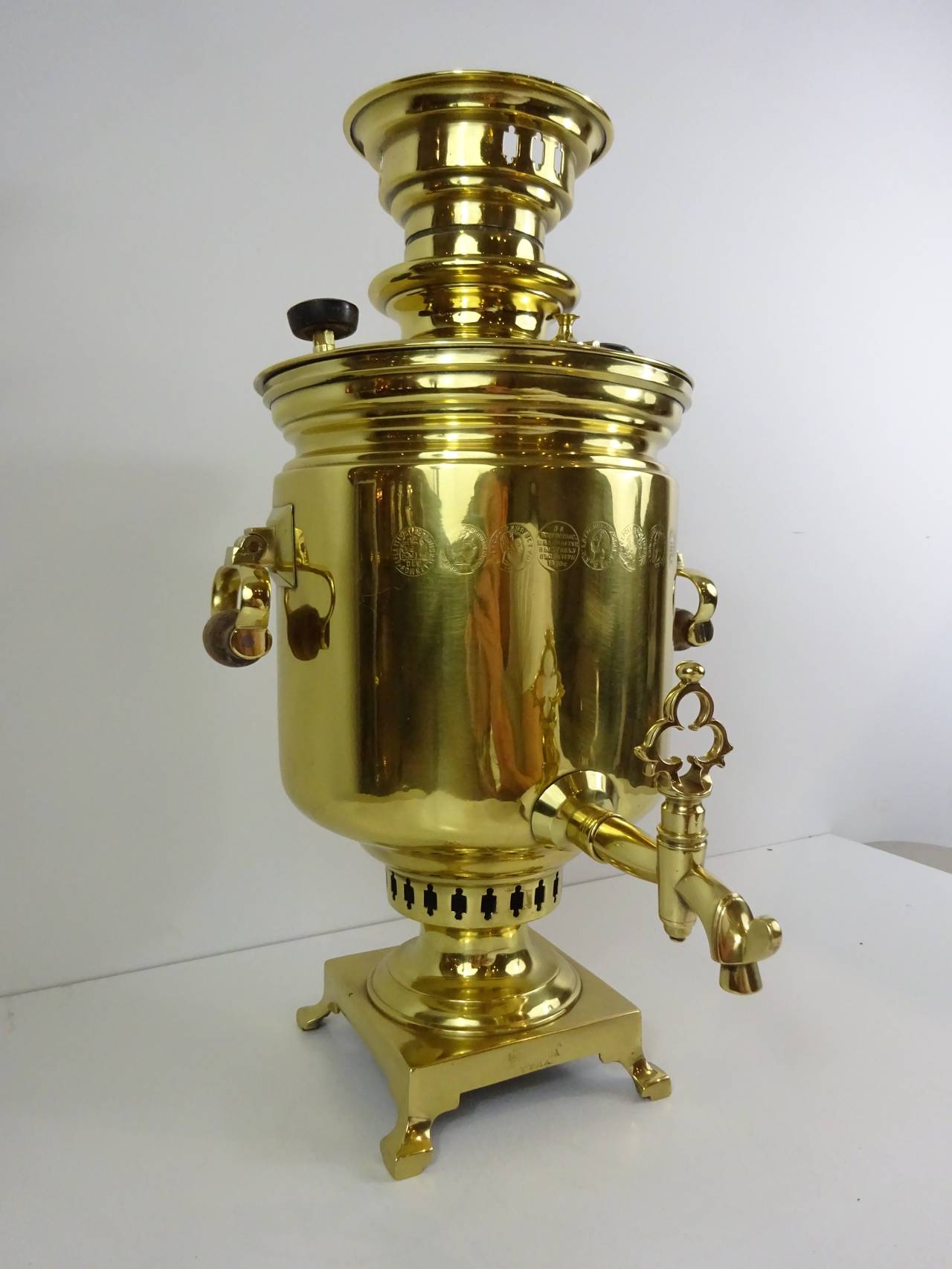 Antique Russian Brass Samovar, signed in numerous places, recenlty professionally polished