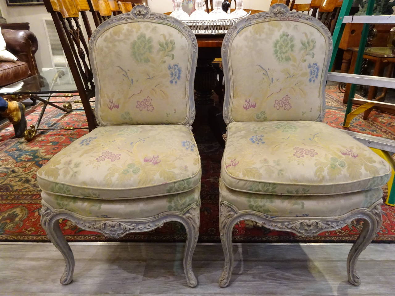 Pair of Louis XVI Style Slipper Chairs, with original vintage scalamandre upholstery, subtle polychromed decorated frames, substanial size for a slipper chair. Ready for new upholstery.