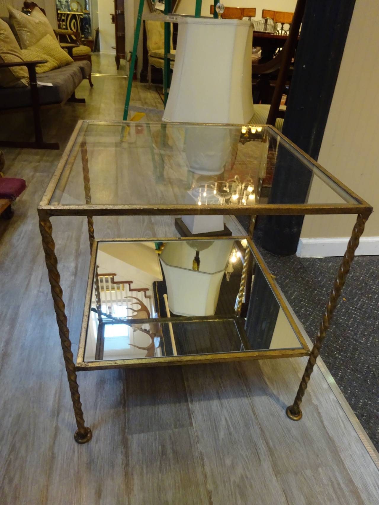 Mid-Century Modern French Modern Gilt Metal Two Tiered Cube Table