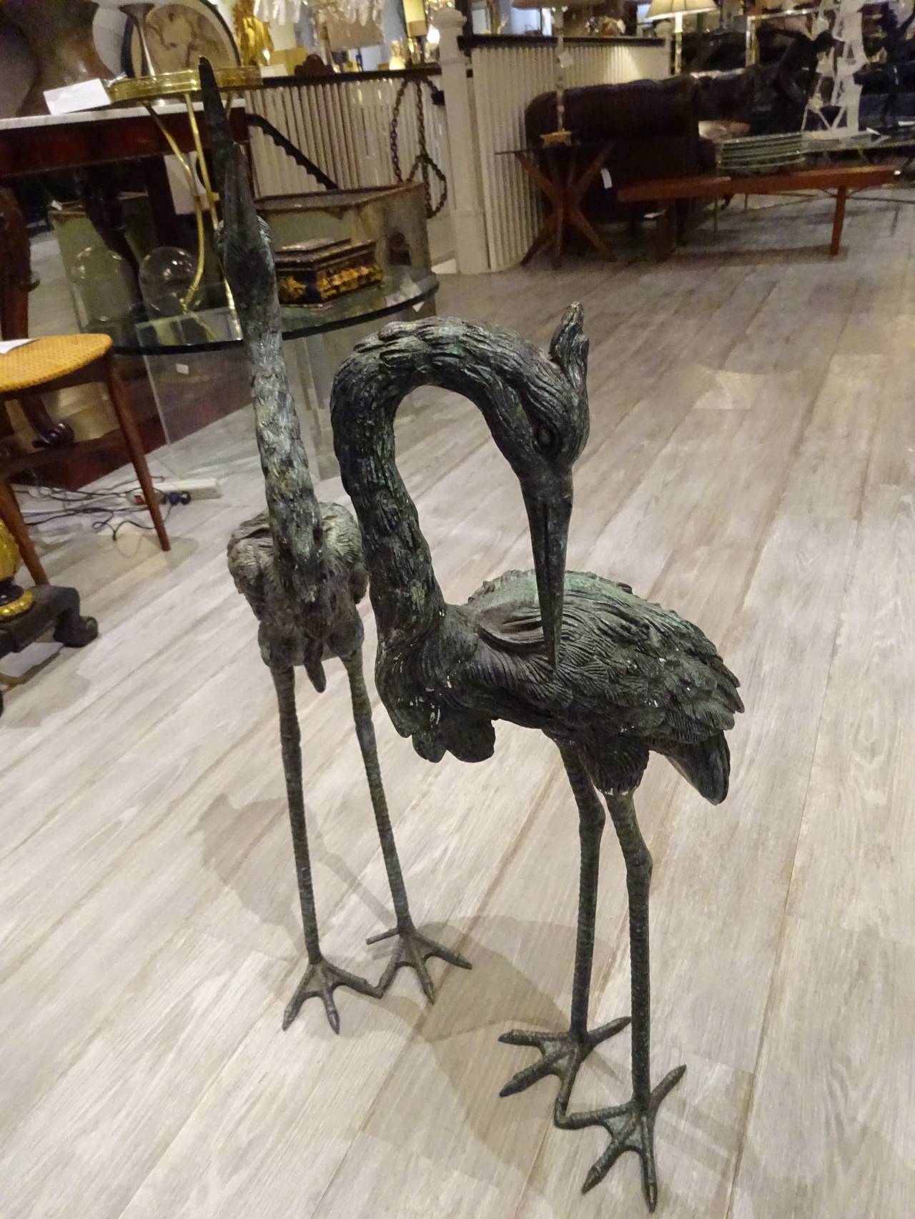 American Pair of Bronze Heron Statues