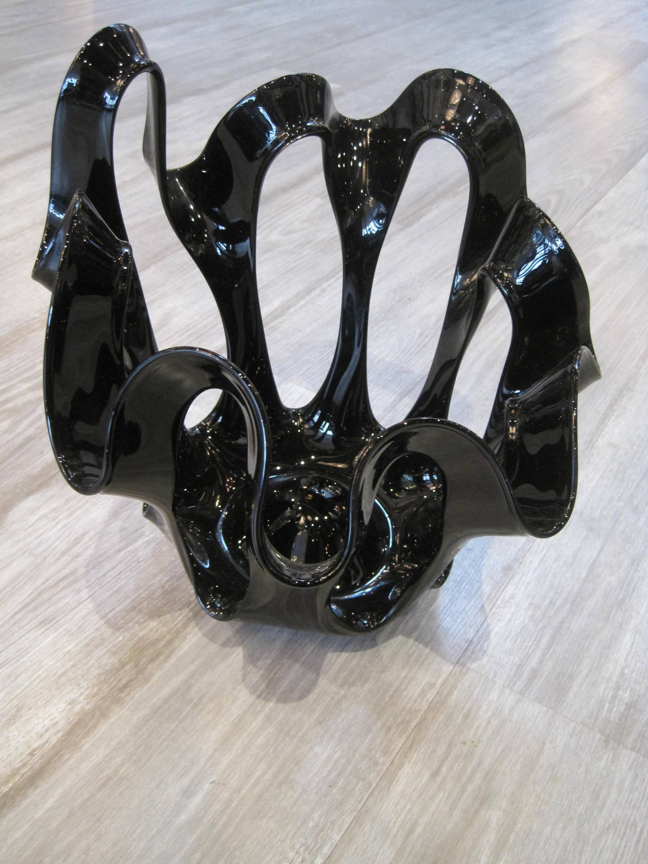 Venini Style Black Glass Handkerchief Reticulated Vase