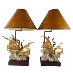 Pair of Fish Motif Lamps of Copper & Stone