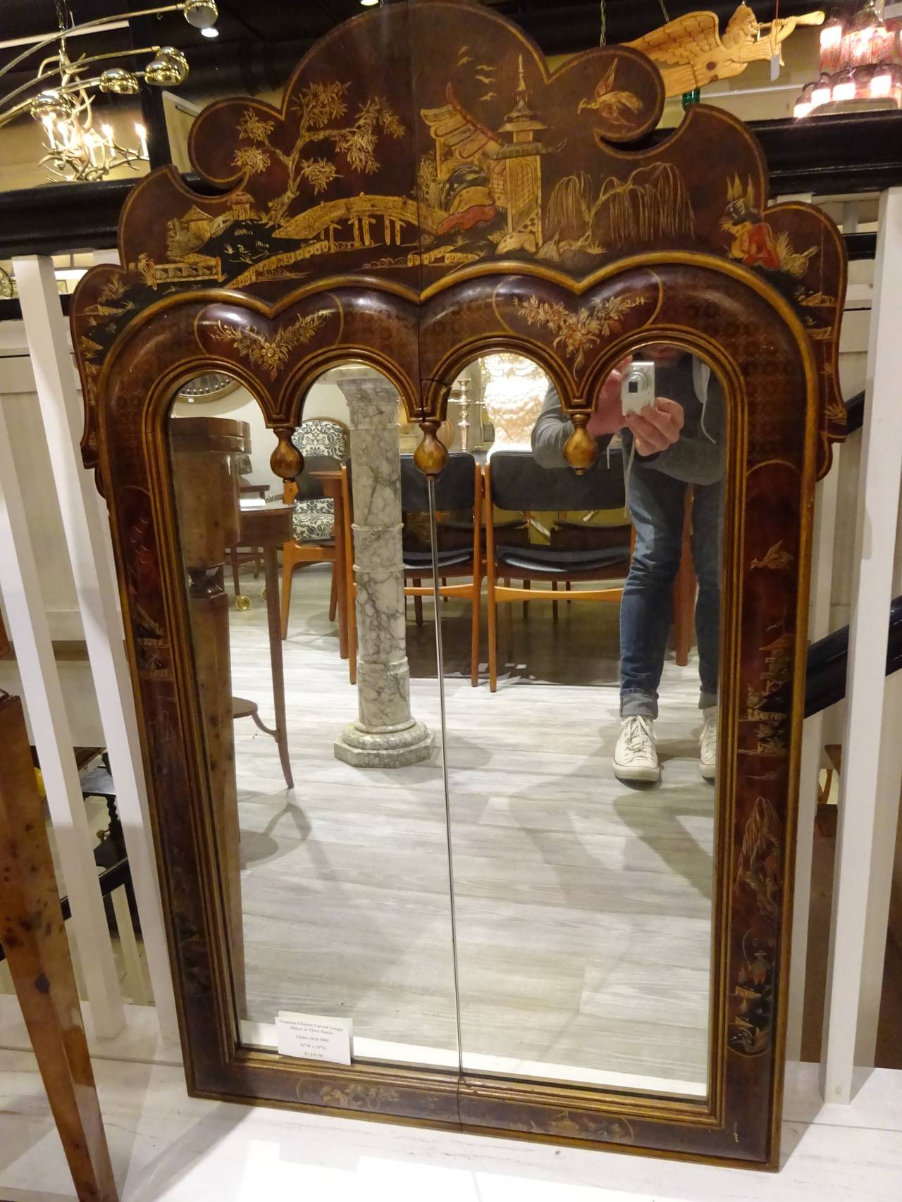 Chinoisere Lacquered Decorated Mirror, of arched form with unuusal divided mirror, from a Palm Beach Estate