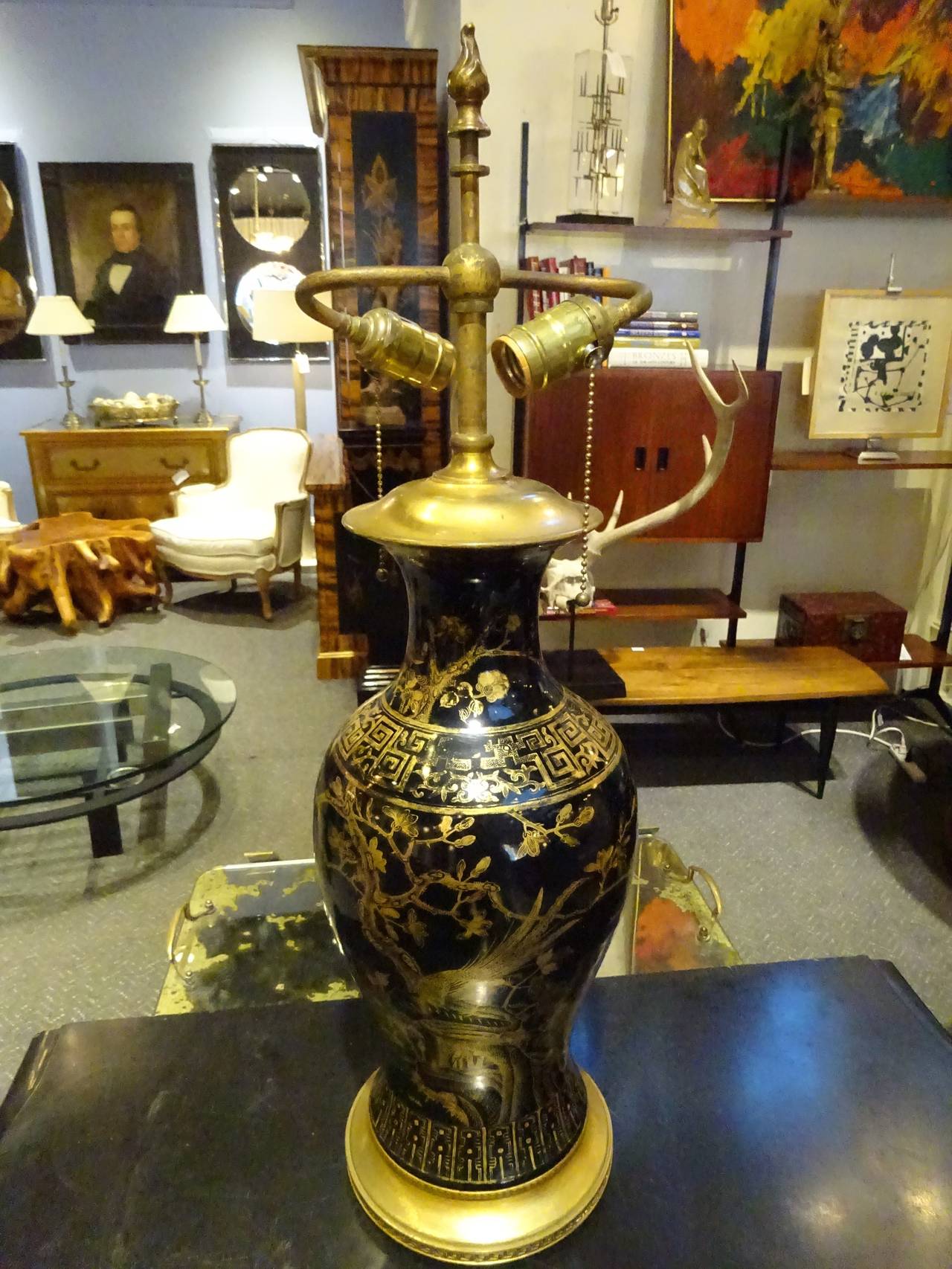 Chinese Mirror Black Vase Converted to a Lamp