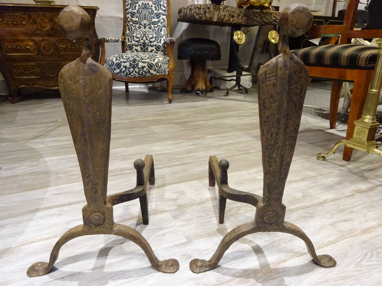 Giacometti Style Gilt Iron Andirons, Each one  of hand hammered figural form