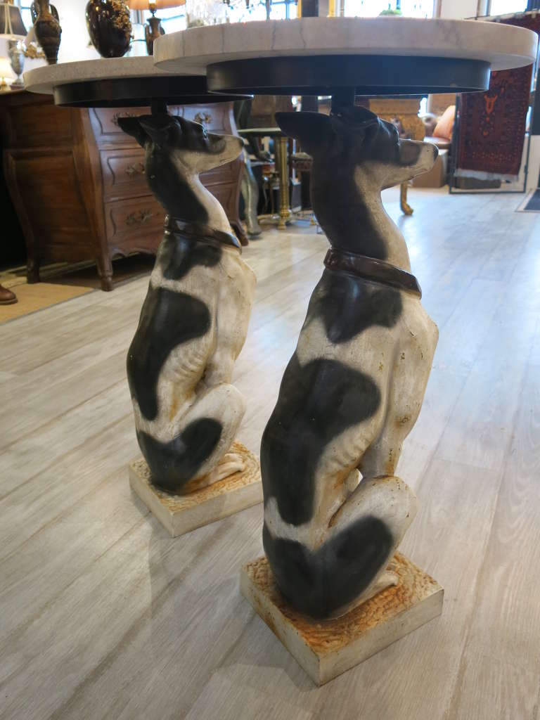 A Pair of Whimsical Cold Painted Cast Iron Whippet Side Tables In Excellent Condition In Oaks, PA