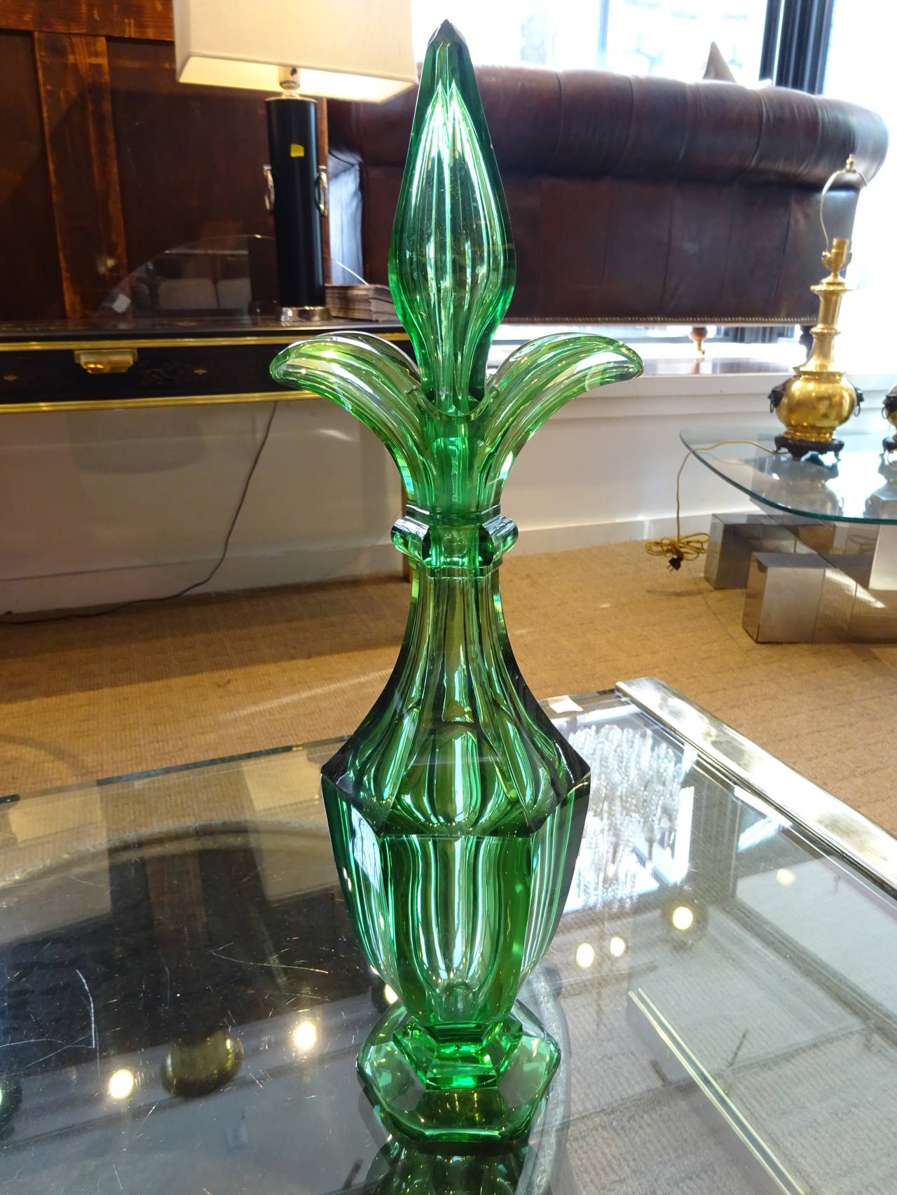 Antique Biedermeier emerald green cut crystal decanter, with 5