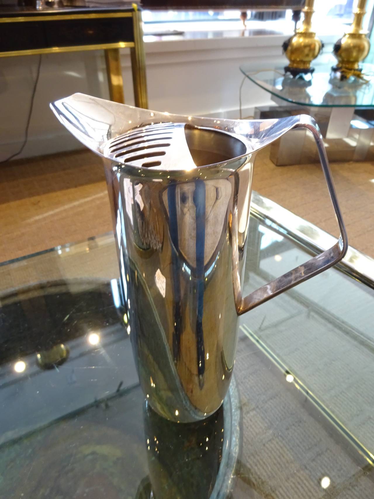 Art Moderne French Silverplated Bar Pitcher, with removable strainer, unmarked