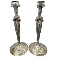 Pair of Silverplated Bronze Grand Tour Candlesticks