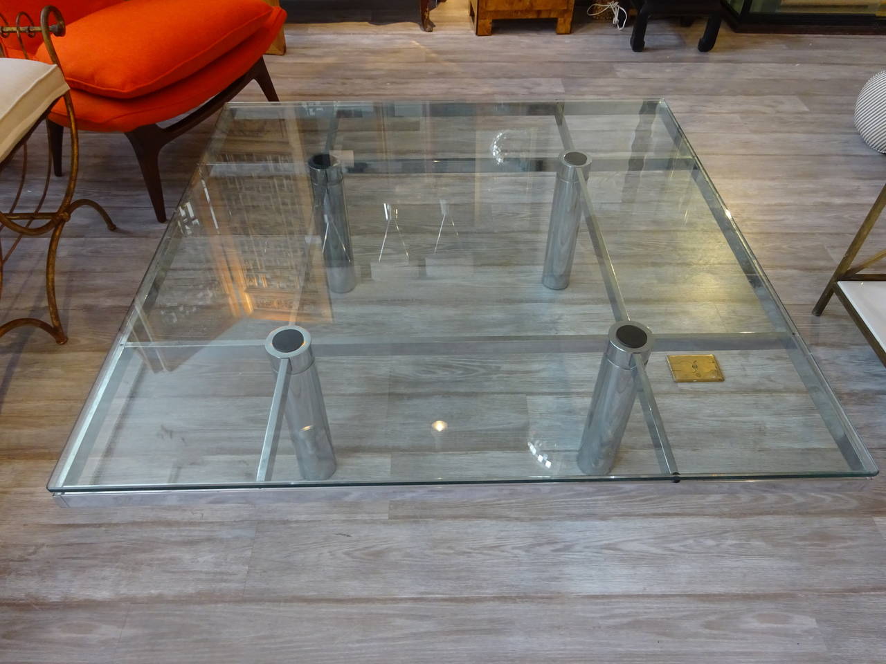 Tobia Scarpa for Knoll square glass and chrome coffee table, iconic architectural coffee table in excellent condition.