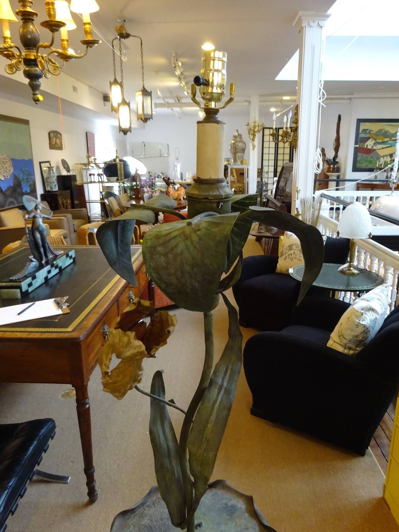 Art Nouveau Vienna Bronze  Cold Painted Organic Floor Lamp, of floral and lily pad motif
