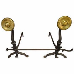 Iron and Brass Andirons with Cross Bar