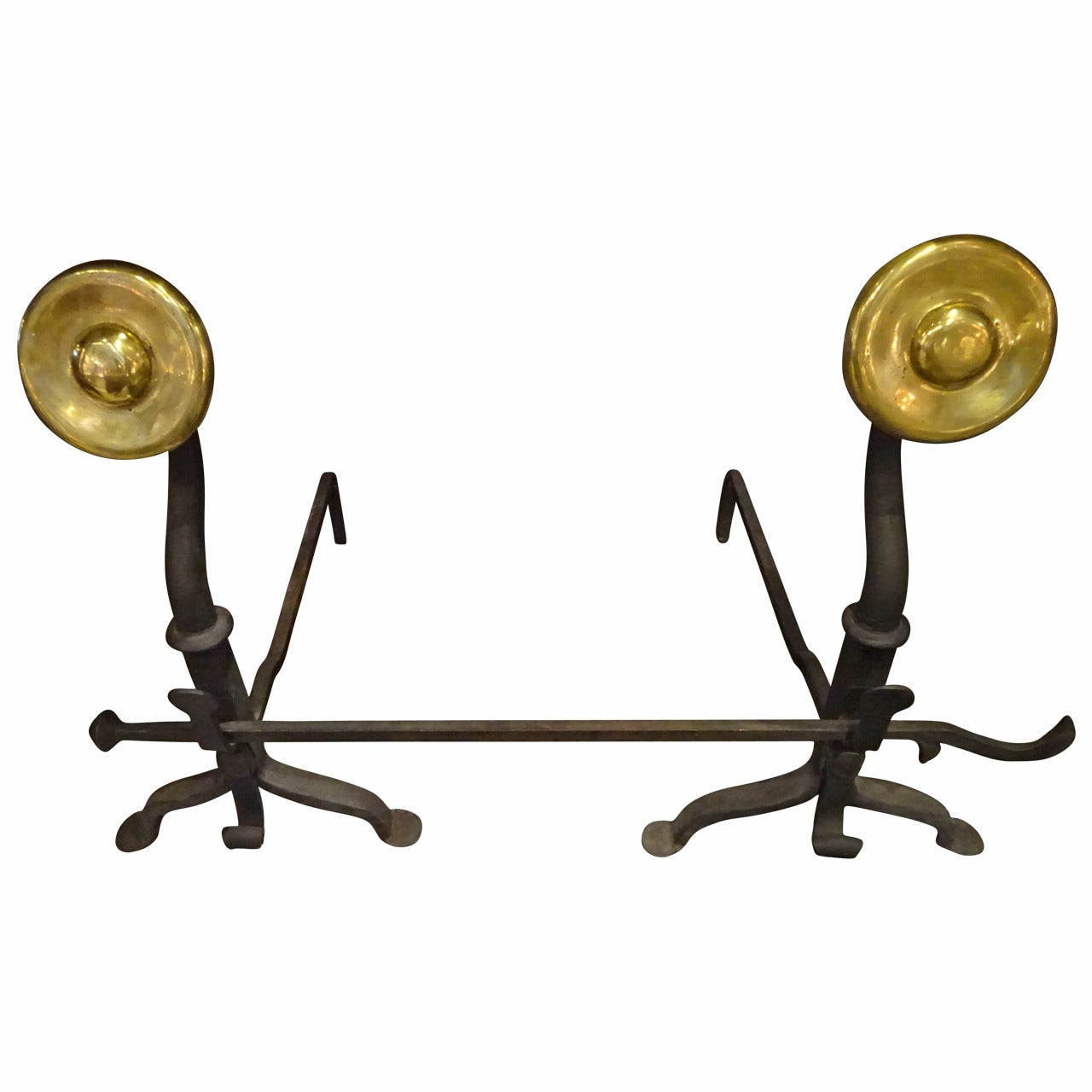 Iron and Brass Andirons with Cross Bar