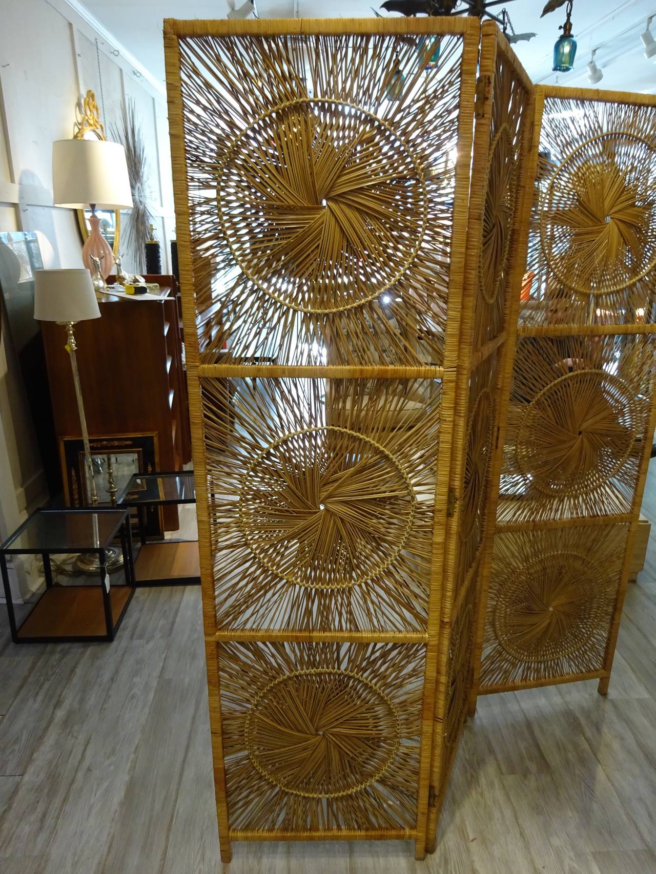 Pair of Vintage Rattan Screens, Each one of three panels with roundel design, each panel is 20