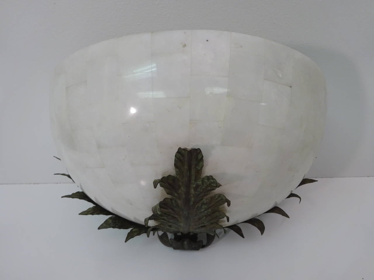 Modern Marble Mosaic Wall Sconces, each one of demilune form with metal acanthus mounts