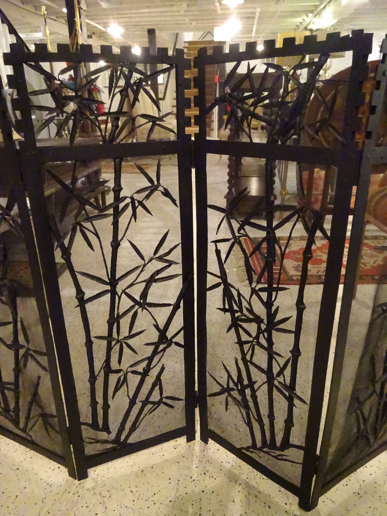 Aesthetic Bamboo Motif Fire Screen, Consisting of four sections of fine wrought iron work, in the Japanese taste