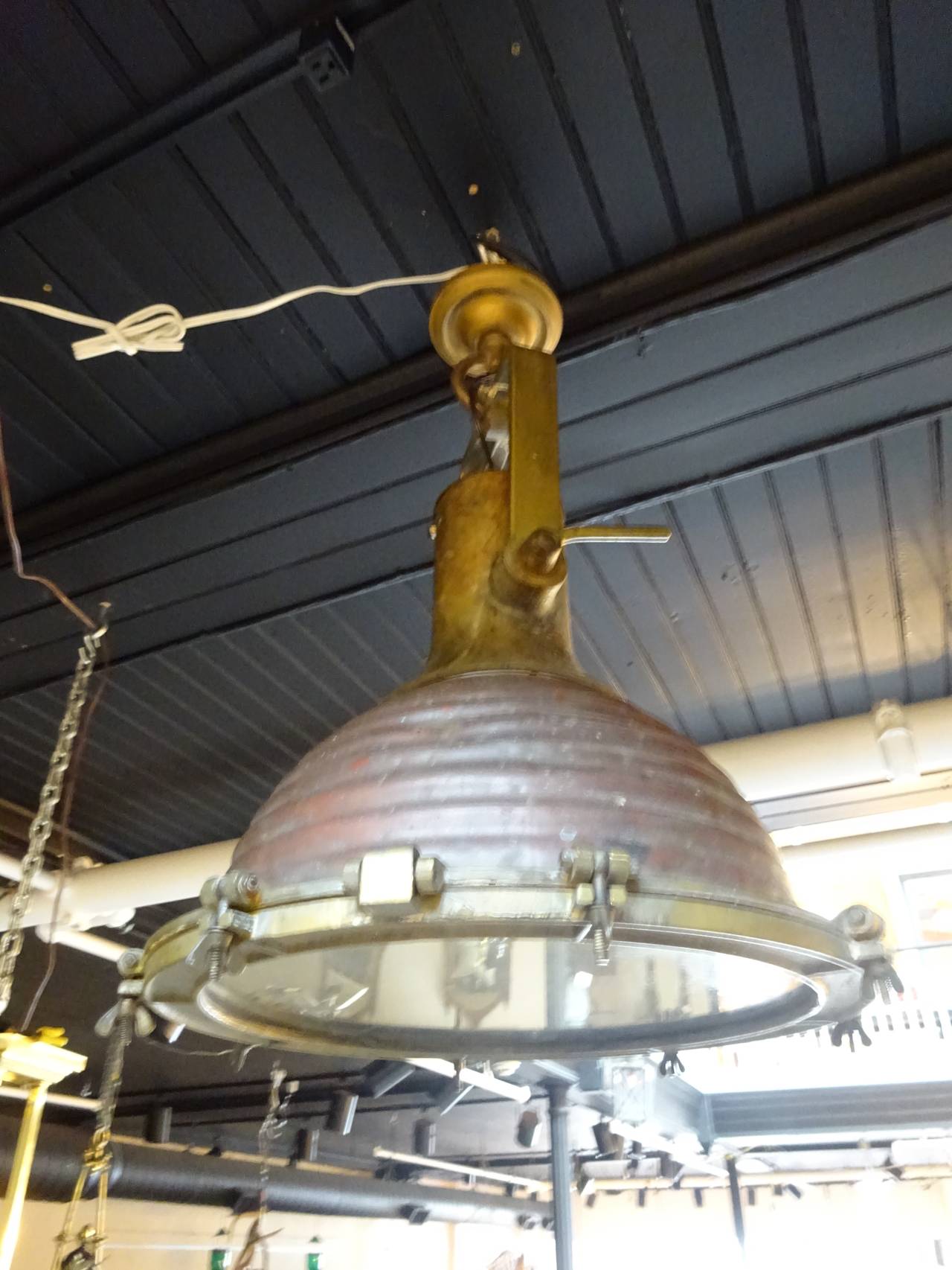 Copper and brass ship deck light, in untouched condition, newly rewired, original glass lens.