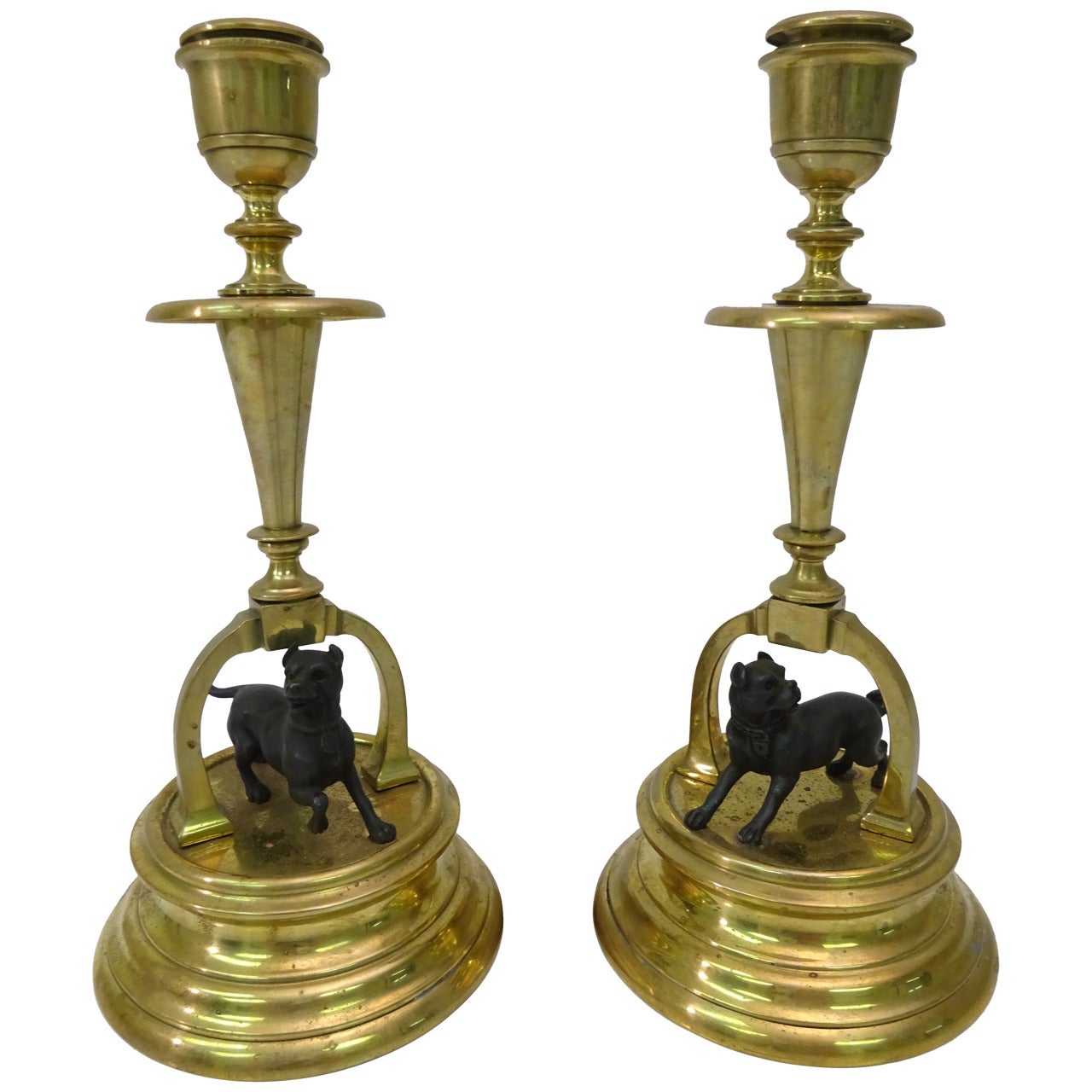English Brass Equestrian and Dog Motif Candlesticks