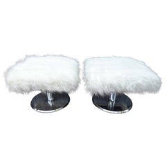 Pair of Chrome Swivel Benches with Faux Shearling Upholstery