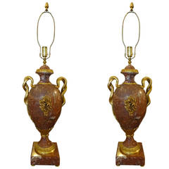 Antique Pair of Large Louis XVI Style Ormolu and Marble Lamps