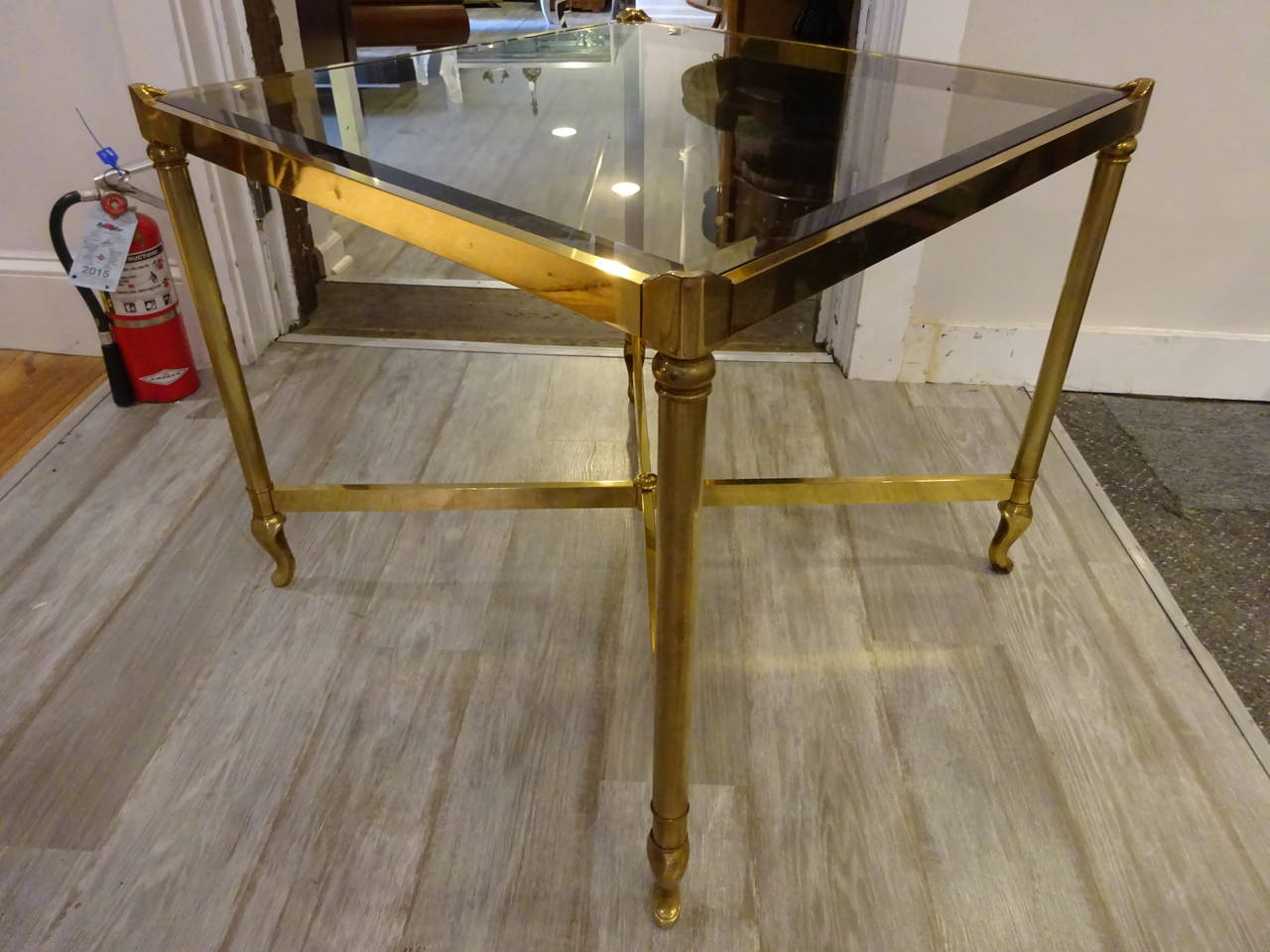Pair of Large Mastercraft Brass Side Tables, Each one of square form with inset beveled smokeglass  tops