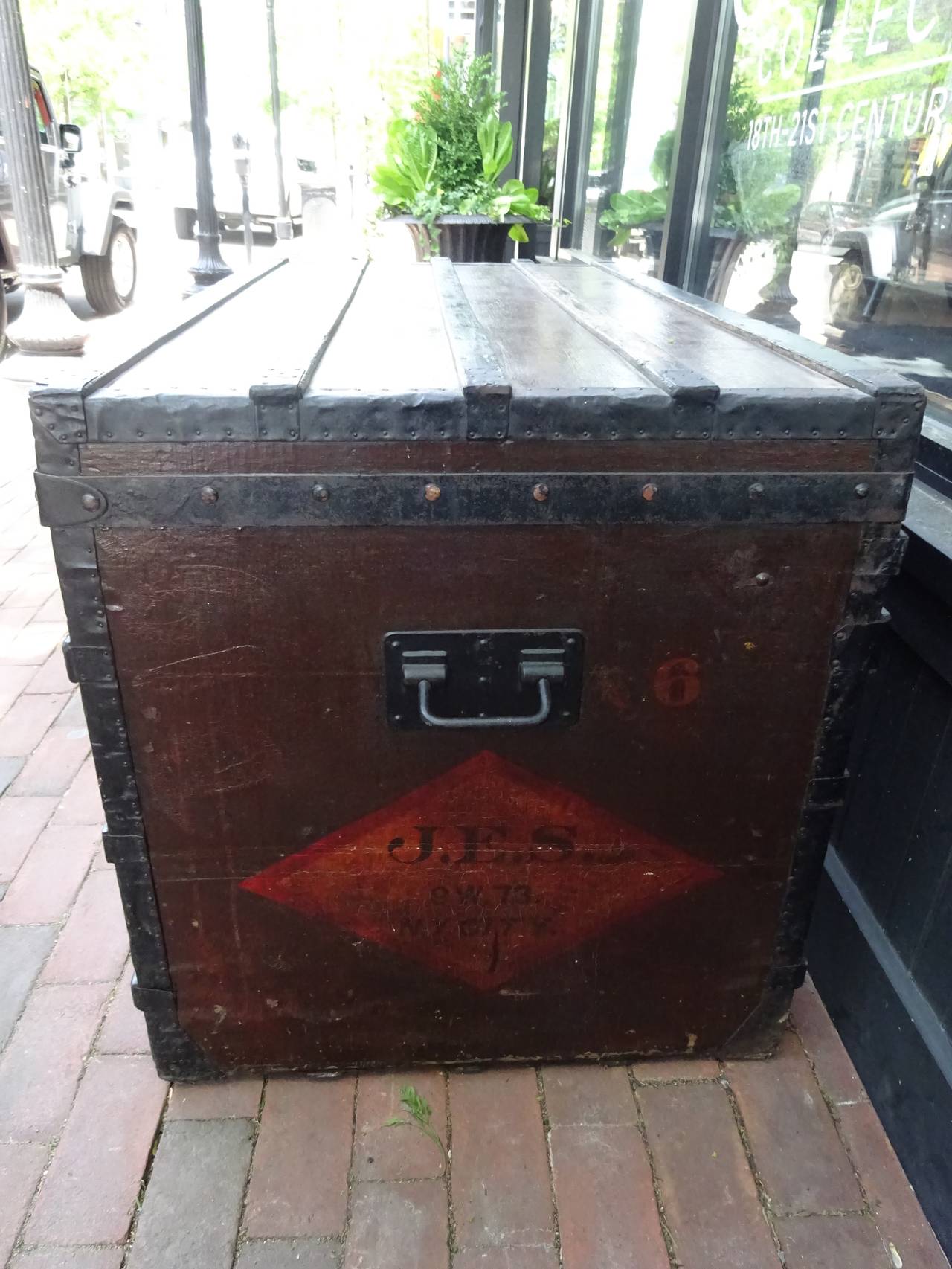 Large early Louis Vuitton trunk, with LV stamped iron hardware, monogrammed with 