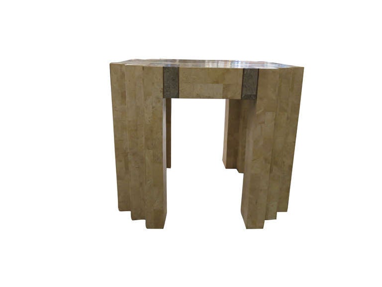 Maitland - Smith Exotic Veneered Side Table, of square tapered form with exotic inlays including brass, shell and graphite. 
This item is located in out Lambertville Nj showroom, Antiques On Union, 32 North Union St. Lambertville , NJ 08530