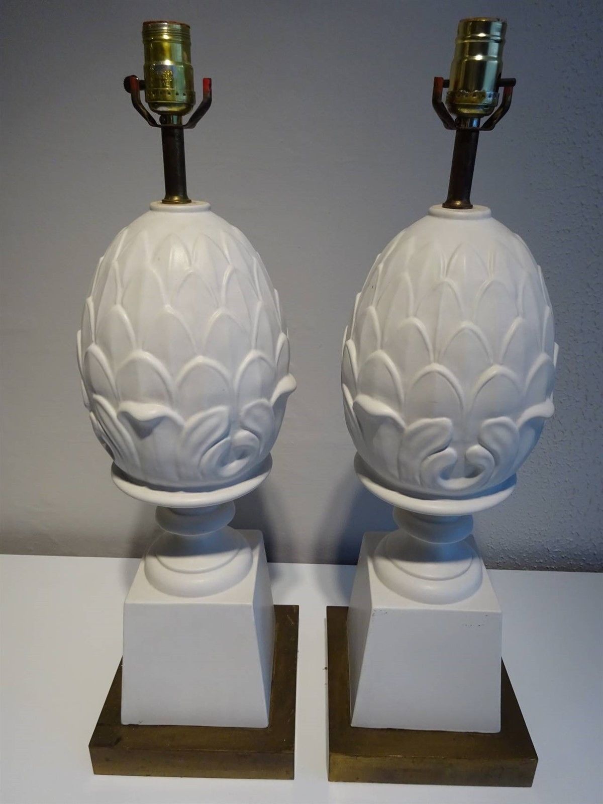 A Fabulous Pair of Ceramic Blanc de Chine Artichoke Table Lamps With Brass Bases.Height: 24 Inches Width: 7.5 Inches Depth: 7.5 Inches