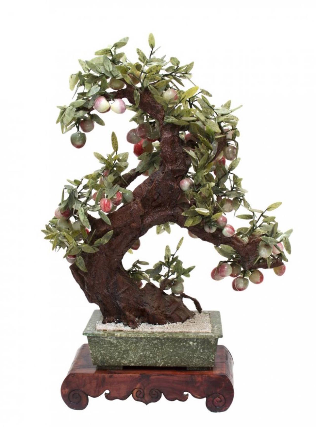 Monumental Chinese Hardstone Peach Tree, with Jade/ Jadeite  leaves and Peking Glass fruits on naturalistic tree trunk complete with large hardwood display stand
