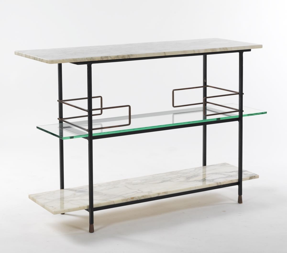 The Salterini Tier Italian Wrought Iron, Marble & Glass Server, of rectangular form with beautifully figured Carrara Marble top and bottom shelf, the center shelf conforming thick glass