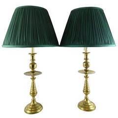 Pair of Antique Brass Beehive Candlesticks, Now as Lamps