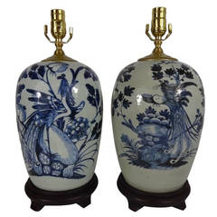Pair of Chinese Export Blue and White Vases, Now as Lamps