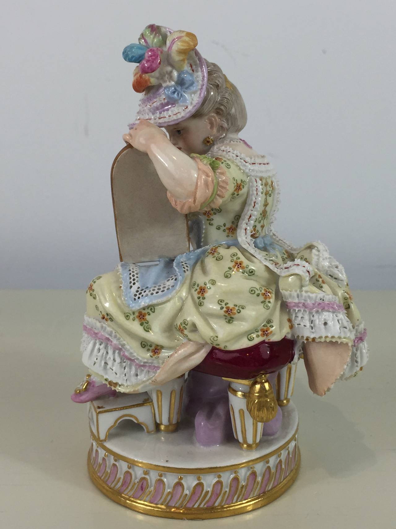 High Victorian Meissen Porcelain Girl with Mirror and Dog