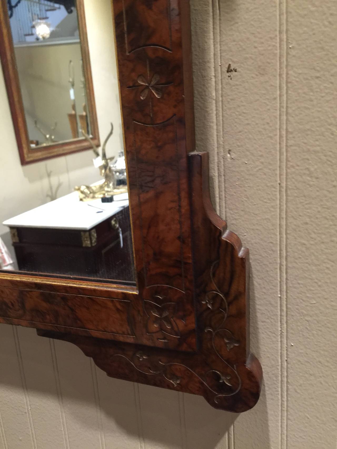 Pair of Gothic Revival Burl Walnut Mirrors, each one with nicely figured incised decorated burl walnut, inset with new mirrors.