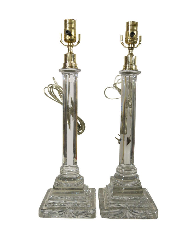 Neoclassical Revival French Crystal Column Candlesticks Now as Lamps