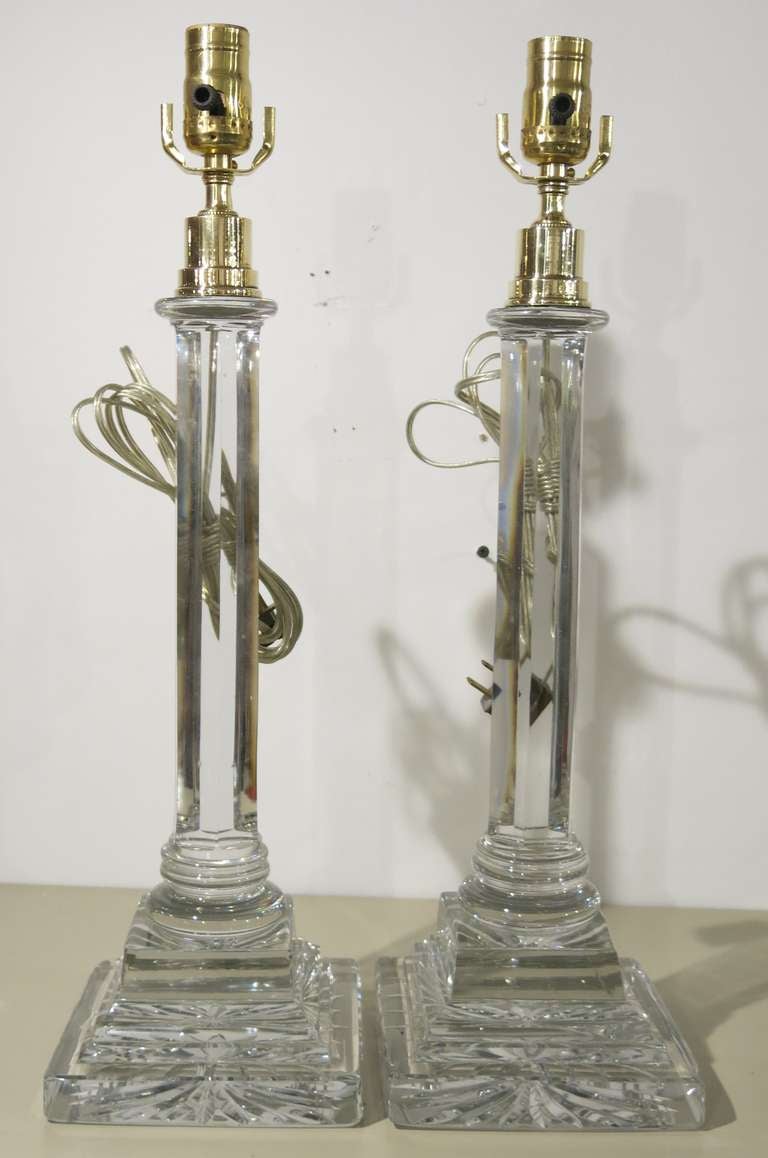French Crystal Column Candlesticks Now as Lamps In Excellent Condition In Oaks, PA