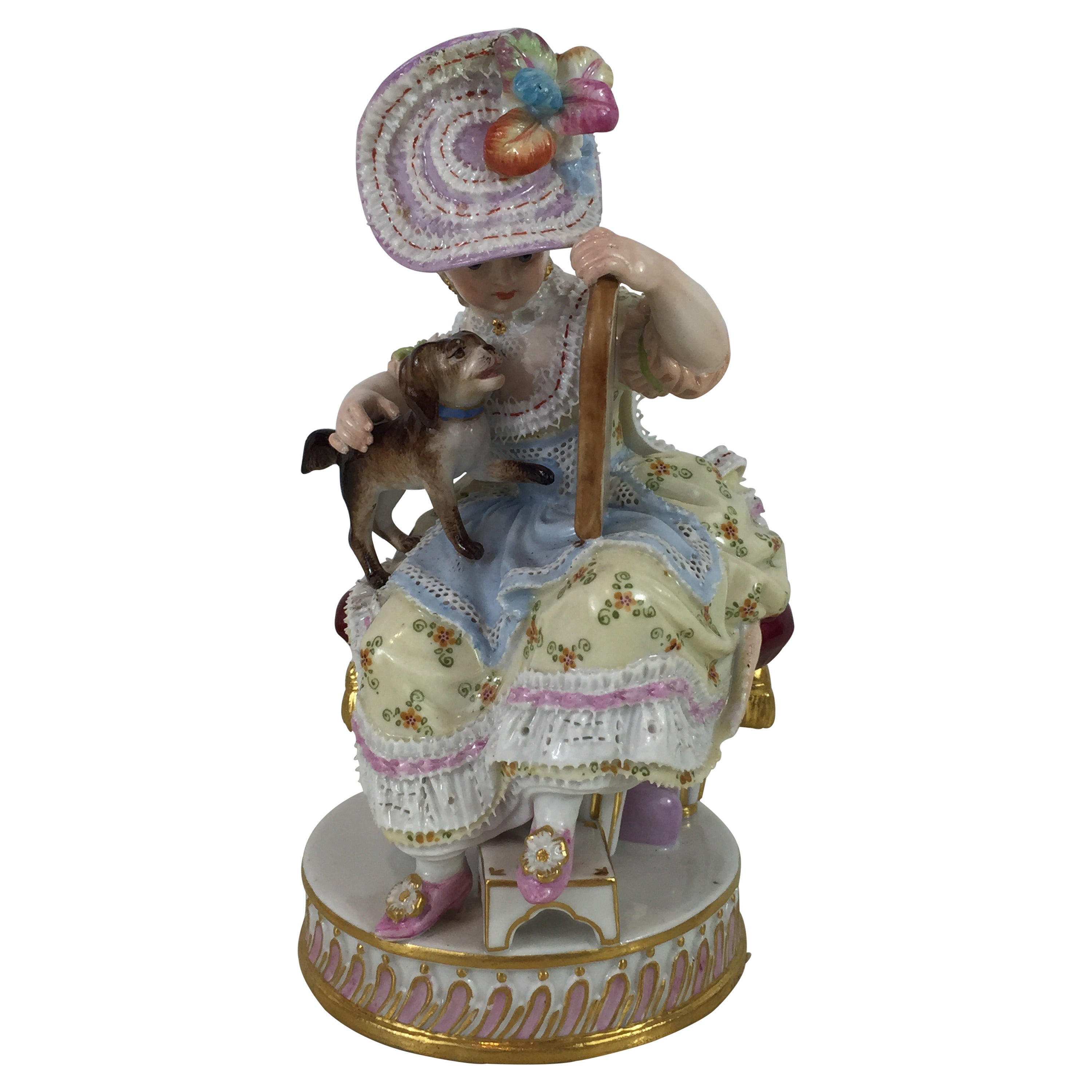 Meissen Porcelain Girl with Mirror and Dog