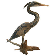 Antique Large Carved Wood Sculpture of a Heron
