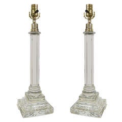Antique French Crystal Column Candlesticks Now as Lamps