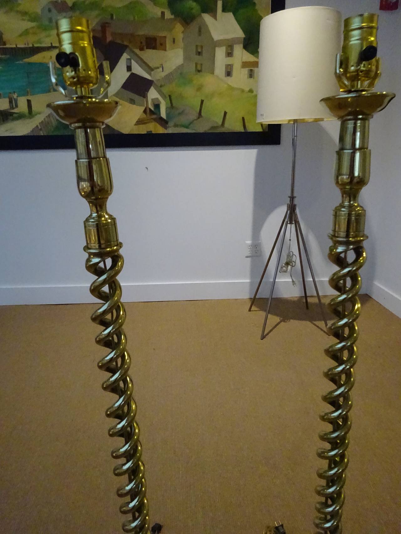 20th Century Pair of English Brass Barley Twist Floor Lamps