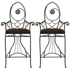 A Pair of Whimsical Wrought Iron "Fish" Bar Chairs