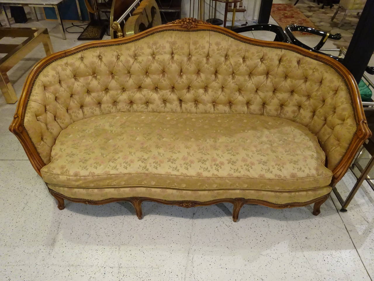 A 19th Century Louis XV style sofa, with finely carved walnut frame and vintage upholstery which shows signs of wear and use
On final sale reduced to $849!