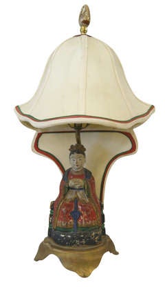 A Fine 19th Century Chinese Carved and Polychromed Deity Lamp