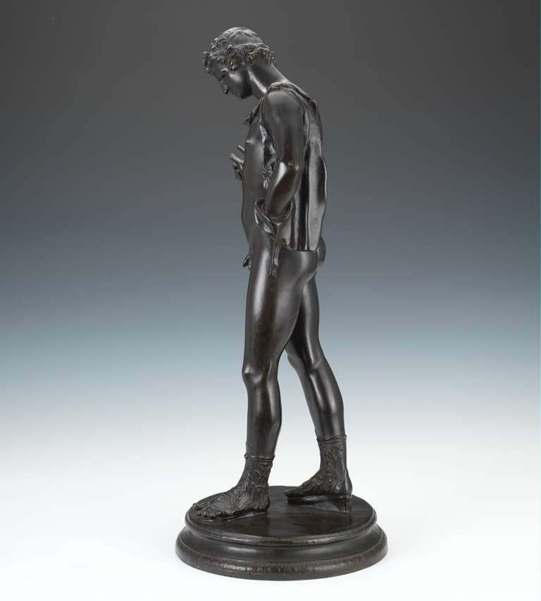 A Grand Tour Bronze portrait figure of Narcissus,  after Pietro Masulli (Italian, 19th Century) Finely cast with patina inscribed on the base F. Barbedienne Foundeur
25½ in.
This item is Located in our Lambertville, NJ showroom
