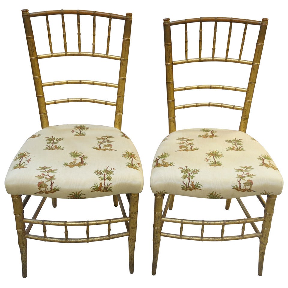 A Pair of Bamboo Regency Style Gilt Wood Music Chairs