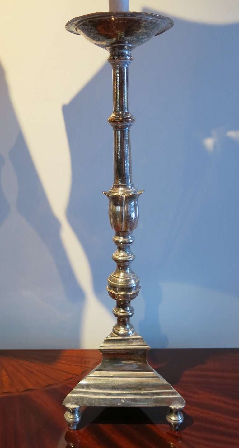 A pair of 19th century Italy silver plated pricket sticks, now as lamps.