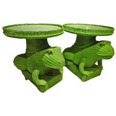 Pair of Chinese Wicker Frog Motif Side Tables