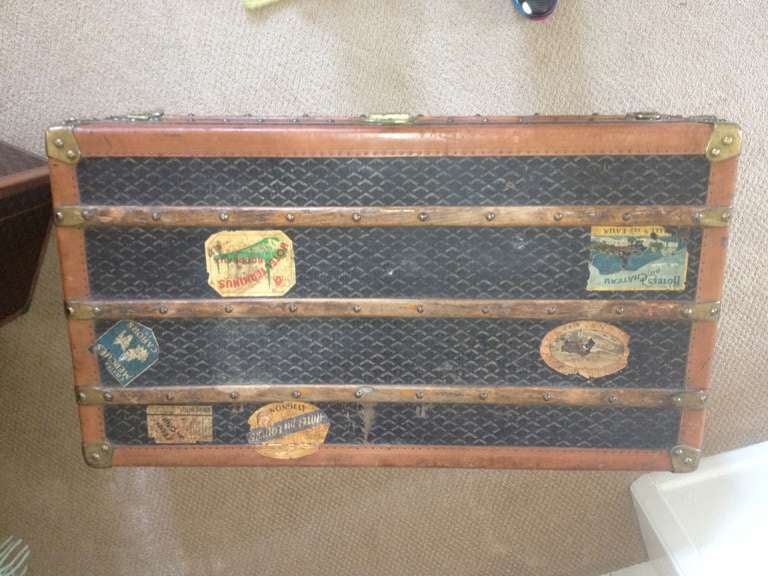 French Early 20th Century Goyard Monogram Canvas Steamer with Original Travel Stickers For Sale