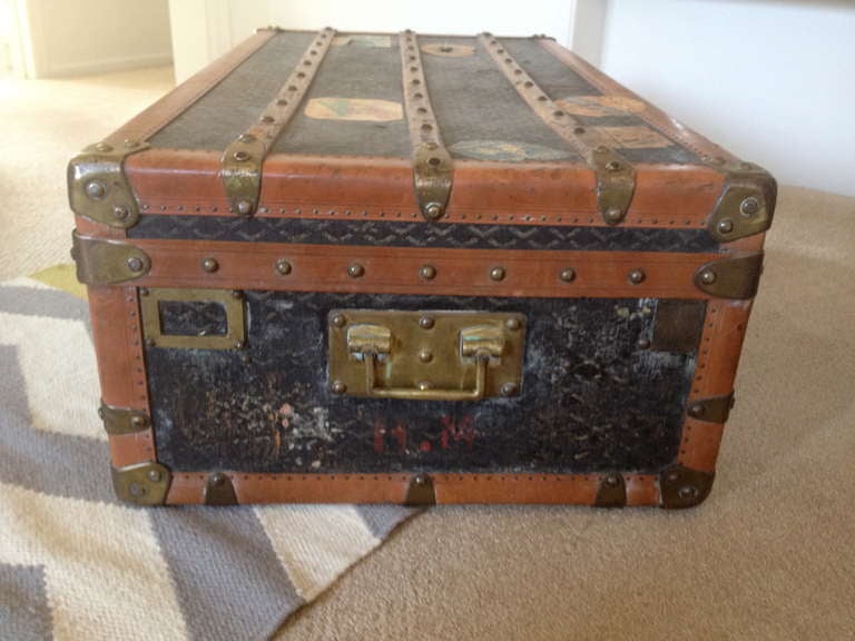 Brass Early 20th Century Goyard Monogram Canvas Steamer with Original Travel Stickers For Sale