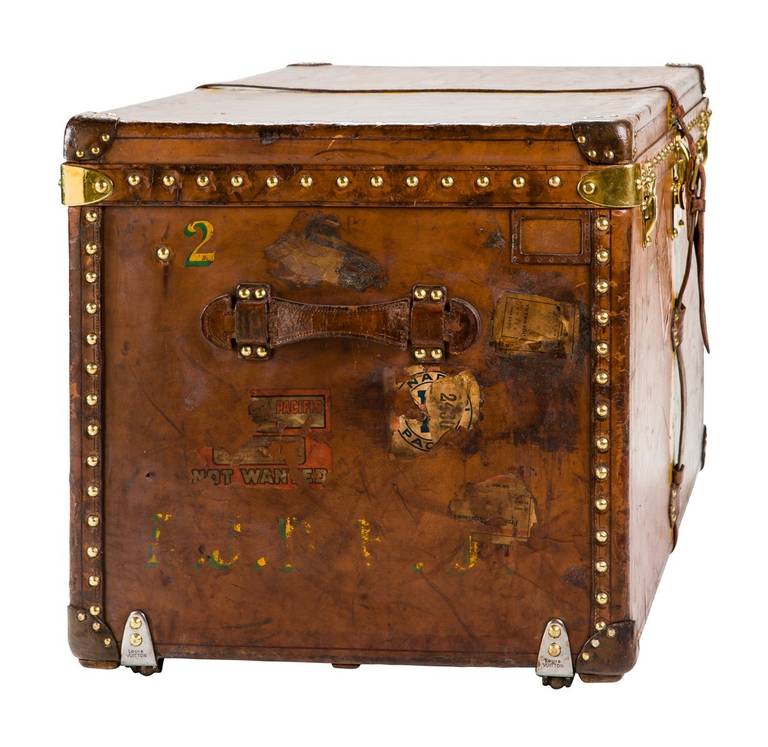 French Louis Vuitton Calf's Leather Trunk with Yellow and Green Monogram Striping For Sale